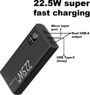 Champion PD22.5W Super Fast Charging Power Bank | Type C PD (Input& Output) Dual USB Output (Black)