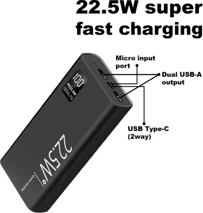 Champion PD22.5W Super Fast Charging Power Bank | Type C PD (Input& Output) Dual USB Output (Black)